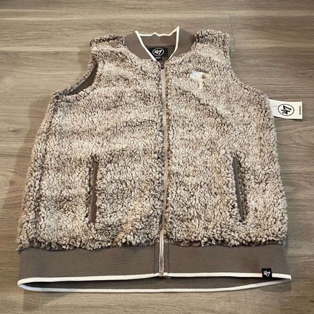 47 Womens Brown Sleeveless Pockets Sherpa Casual Full Zip Jacket Size Large